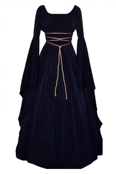 Round Neck Flare Sleeve Plain Maxi A-Line Party Dress with Rope