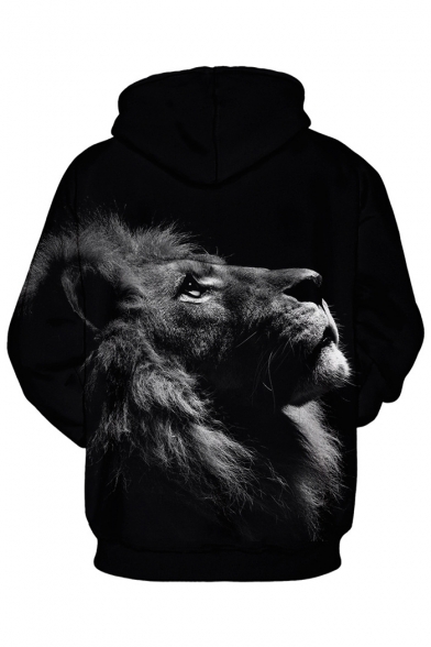 3D Drawstring Hood Lion Print Long Sleeve Casual Hoodie