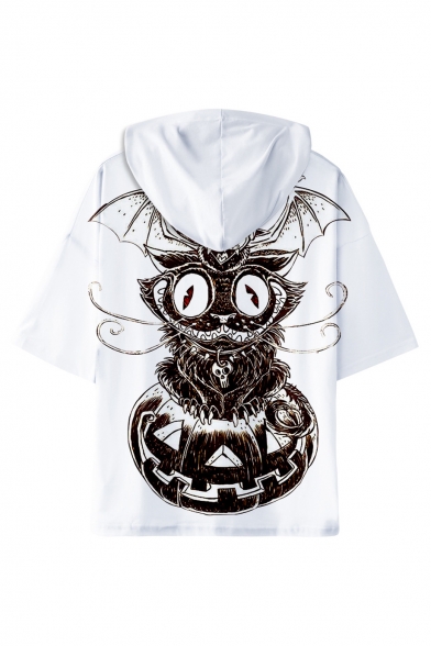 Bat Owl Printed Short Sleeve Hooded T-Shirt