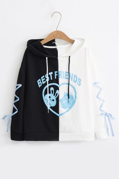 BEST FRIENDS Letter Animal Printed Color Block Lace Up Detail Long Sleeve Hoodie