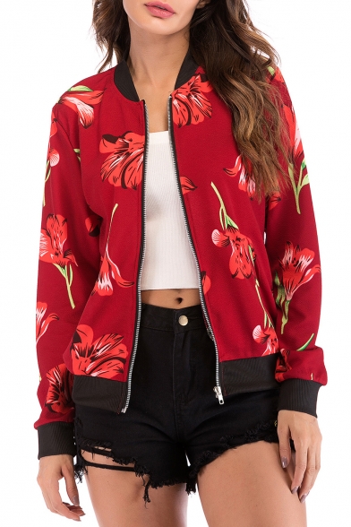 Fashion Floral Printed Stand Up Collar Long Sleeve Zip Closure Jacket
