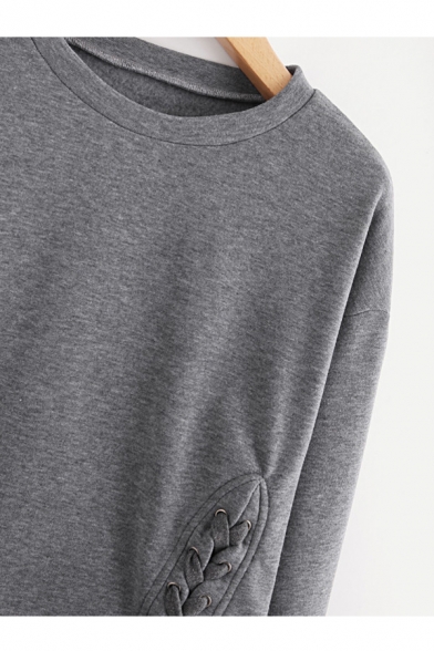 Lace Up Detail Hem Round Neck Long Sleeve Cropped Sweatshirt