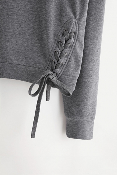 Lace Up Detail Hem Round Neck Long Sleeve Cropped Sweatshirt