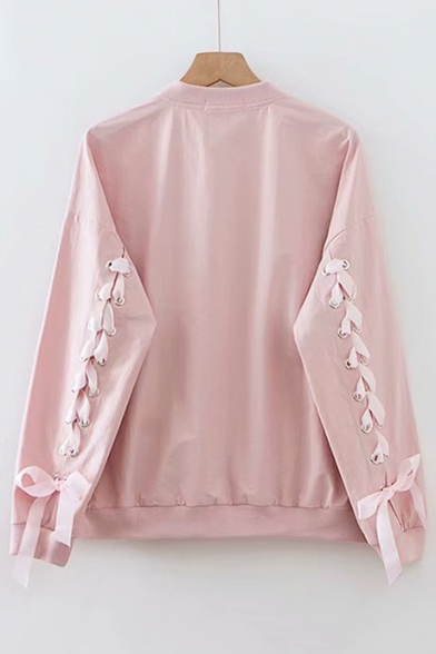 Lace Up Detail Long Sleeve Plain Stand Up Collar Baseball Jacket