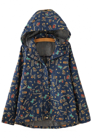 Letter Cartoon All Over Printed Zip Placket Long Sleeve Hooded Jacket