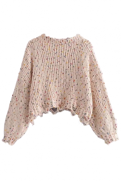 Round Neck Long Sleeve Ripped Detail Colorful Pom Pom Embellished Chic Cropped Sweater