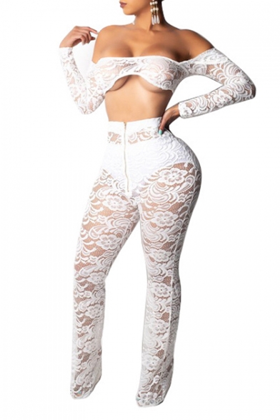 Sexy Square Neck Long Sleeve Cropped Top with Zip Fly High Waist Flare Pants Sheer Lace Co-ords