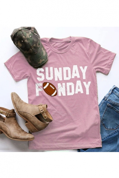 

SUNDAY Letter Rugby Printed Round Neck Short Sleeve T-Shirt, Black;burgundy;pink;gray;yellow;army green