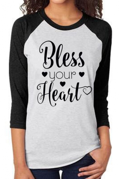 BLESS Letter Heart Printed Color Block Raglan 3/4 Length Sleeve Graphic Tee