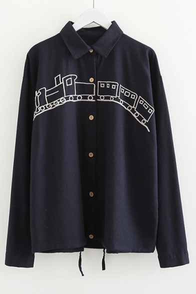 Cartoon Train Embroidered Lapel Collar Long Sleeve Button Front Shirt