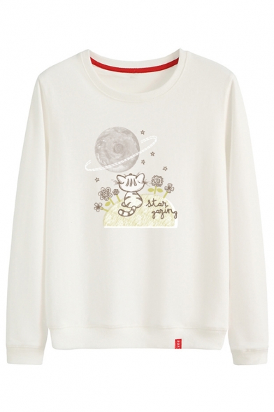 Cat Floral Letter Printed Round Neck Long Sleeve Pullover Sweatshirt