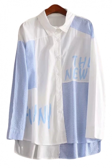 Color Block Letter Printed Lapel Collar Long Sleeve Button Front Dip Hem Shirt