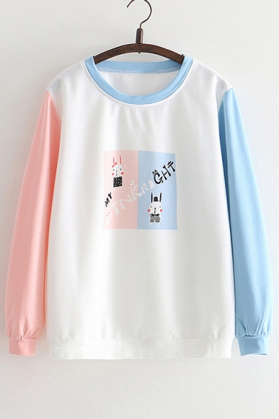 Color Block Rabbit Letter Printed Long Sleeve Round Neck Sweatshirt