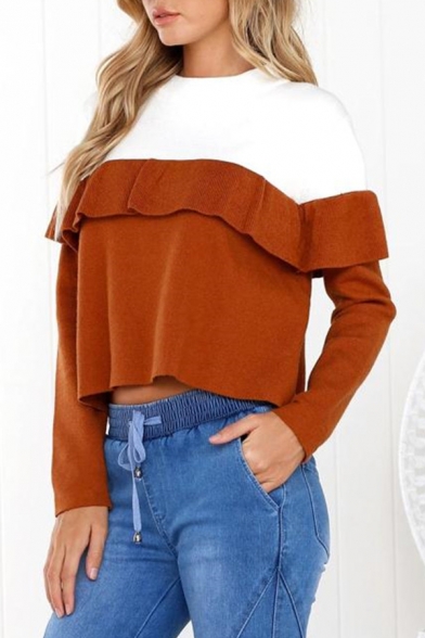 Color Block Ruffle Detail Round Neck Long Sleeve Cropped Sweatshirt