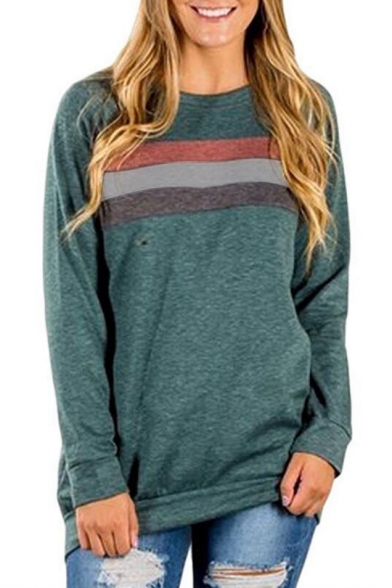 Contrast Striped Front Round Neck Long Sleeve Soft Sweatshirt