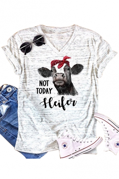 Cow NOT TODAY Letter Printed V Neck Short Sleeve T-Shirt