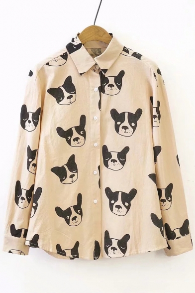 Dog All Over Printed Lapel Collar Long Sleeve Button Closure Shirt