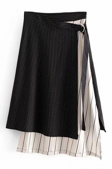Fake Two Pieces Contrast Striped Patched Midi Asymmetric Skirt