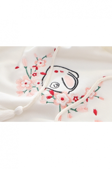 Floral Rabbit Embroidered Long Sleeve Casual Hoodie