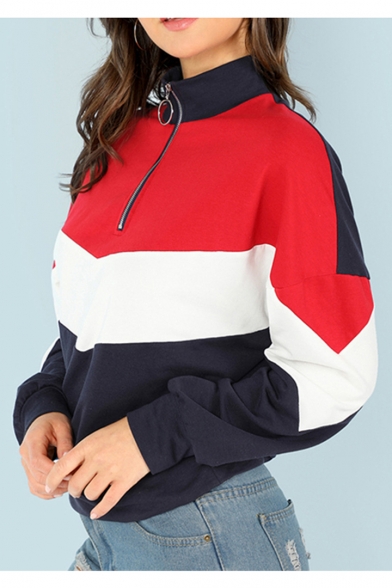 Half-Zip Stand Up Collar Color Block Long Sleeve Sweatshirt