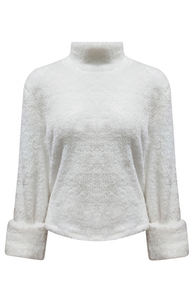High Neck Long Sleeve Plush Plain Warm Sweatshirt