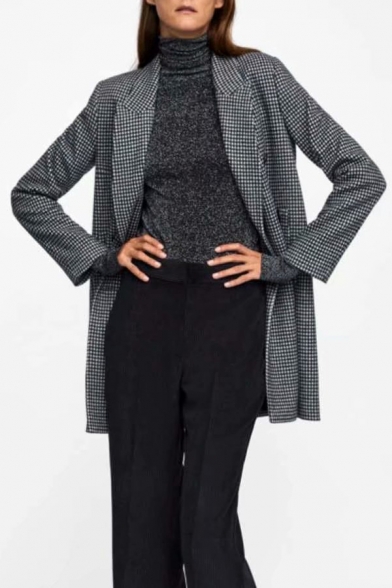 Houndstooth Notched Lapel Collar Long Sleeve Tunic Blazer