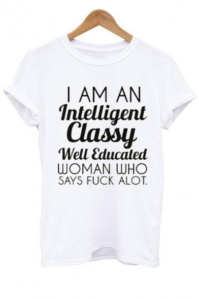 I AM AN INTELLIGENT Letter Printed Round Neck Short Sleeve T-Shirt