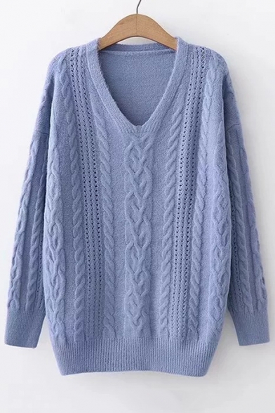 Knitting Twist V Neck Plain Long Sleeve Casual Sweater