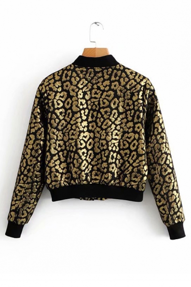Leopard Printed Stand Up Collar Long Sleeve Zip Closure Jacket