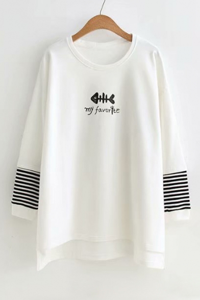 Letter Cat Fish Bone Print Round Neck Contrast Striped Long Sleeve Dip Hem Tunic Sweatshirt