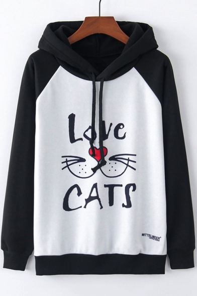 LOVE CATS Letter Mouth Print Color Block Raglan Sleeve Hoodie