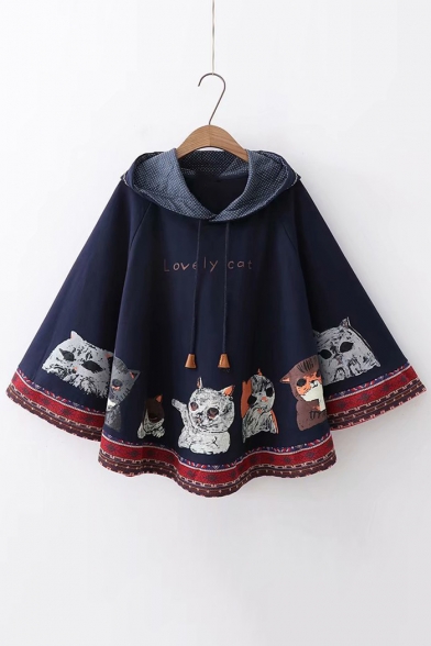 LOVELY CAT Letter Animal Printed Loose Hooded Cape