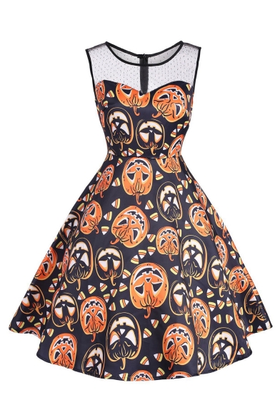 Mesh Patchwork Pumpkin Printed Round Neck Sleeveless Midi Flare Dress