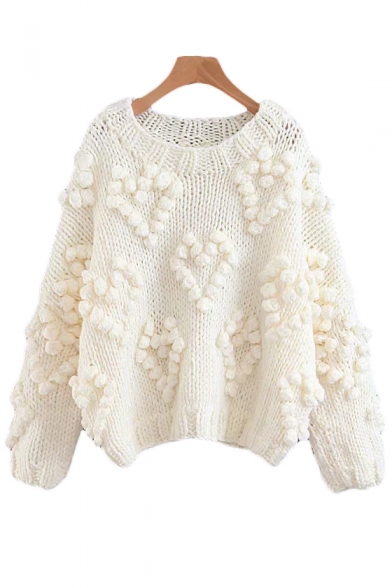 Pom Pom Embellished Round Neck Long Sleeve Plain Sweater