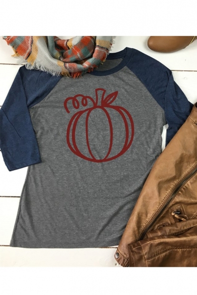 

Pumpkin Printed Round Neck Color Block Raglan 3/4 Length Sleeve Leisure Tee, White;dark gray