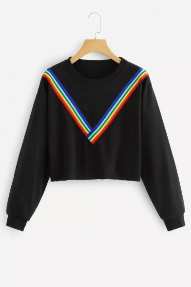 Rainbow Striped Straps Patched Round Neck Long Sleeve Crop Sweatshirt