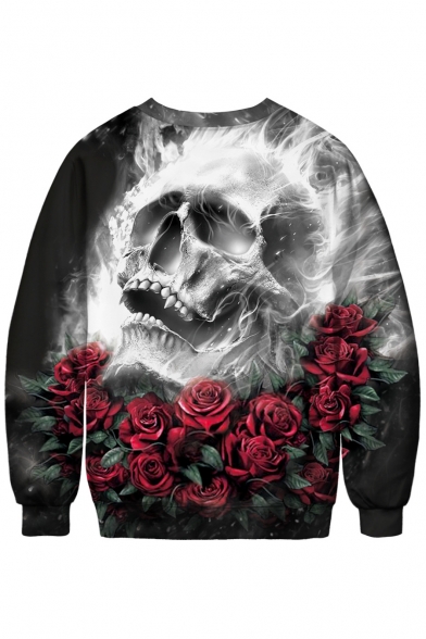 Skull Rose Printed Round Neck Long Sleeve Loose Sweatshirt