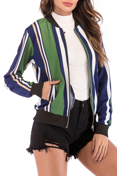 Stand Up Collar Color Block Striped Long Sleeve Zip Closure Jacket