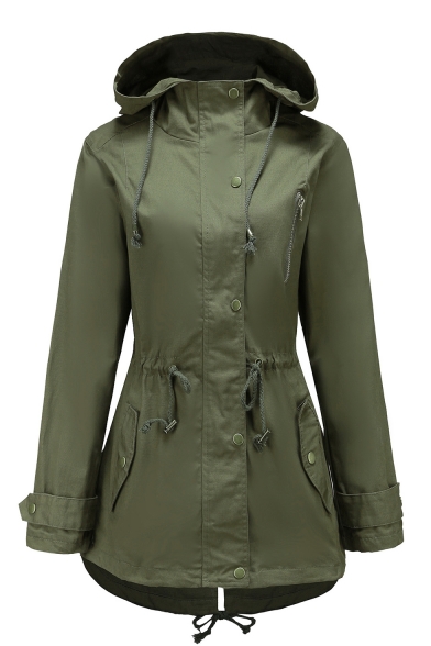 Trendy Plain Long Sleeve Zip Closure Hooded Coat