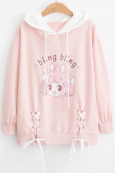 BLING BLING Letter Character Printed Contrast Hood Lace Up Hem Long Sleeve Hoodie