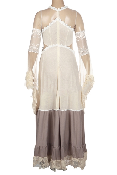 Elegant Sheer Lace Patched V Neck Long Sleeve Maxi A-Line Dress
