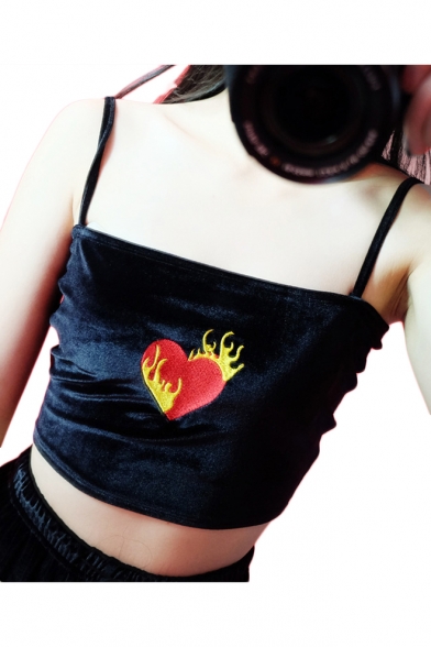 Fire Heart Embroidered Spaghetti Straps Sleeveless Crop Cami