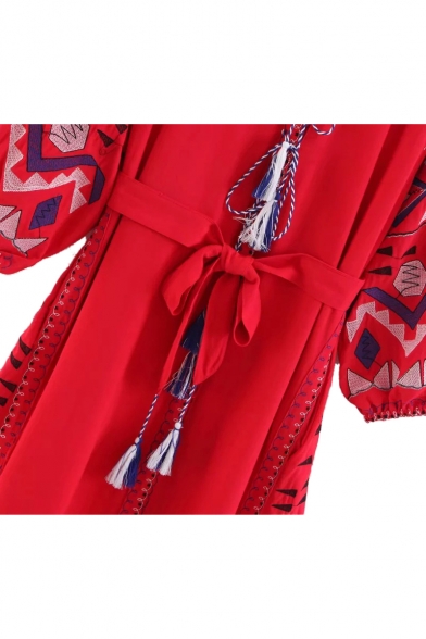 Folk Style Geometric Embroidered V Neck Long Sleeve Tassel Embellished Tie Waist Maxi A-Line Dress