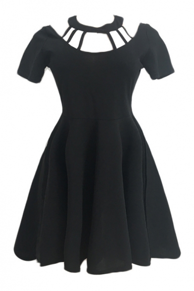 Hollow Out Round Neck Short Sleeve Plain Mini A-Line Dress