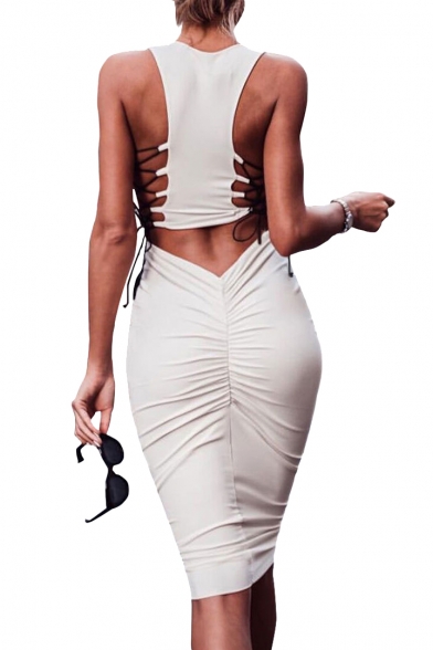 Lace Up Detail Hollow Out Back Round Neck Sleeveless Slim Midi Bodycon Dress