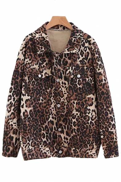 Leopard Printed Lapel Collar Long Sleeve Button Front Cropped Denim Jacket