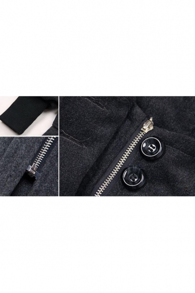 Loose Rib Knit Cuffs Long Sleeve Concealed Zip Placket Drawstring Waist Hooded Wool Coat