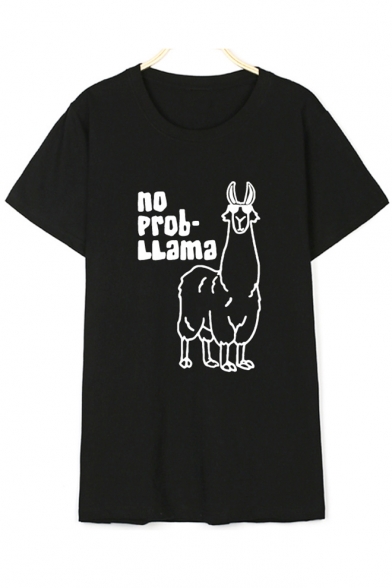 NO Letter Lamb Printed Round Neck Short Sleeve Tee