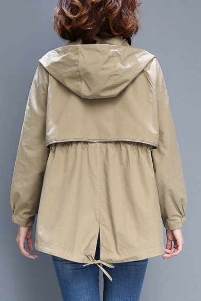Plain Drawstring Waist Zip Placket Long Sleeve Hooded Jacket