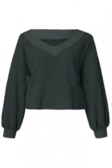 Plain V Neck Rib Knit Trim Lantern Sleeves Casual Sweater